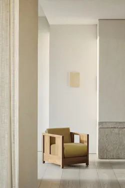 Craftsman-inspired, solid wood framed armchair in teak with mustard yellow fabric Craftsman-inspired, solid wood framed armchair in teak with mustard yellow fabric