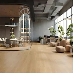 Modern office space with glassed-in conference room and light wood-look resilient flooring Modern office space with glassed-in conference room and light wood-look resilient flooring