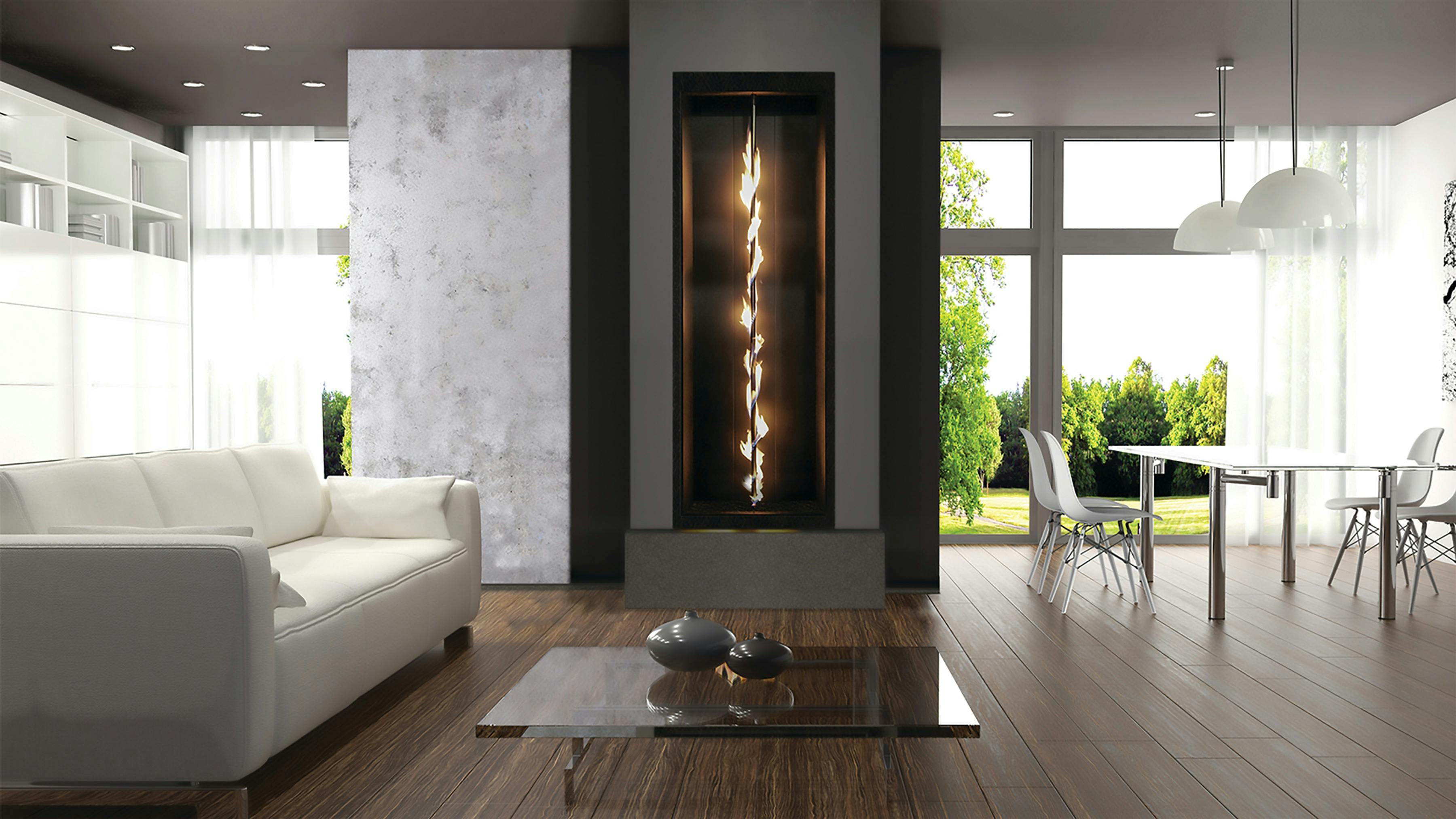 Speira Custom Spiral fireplace installed in a living room.