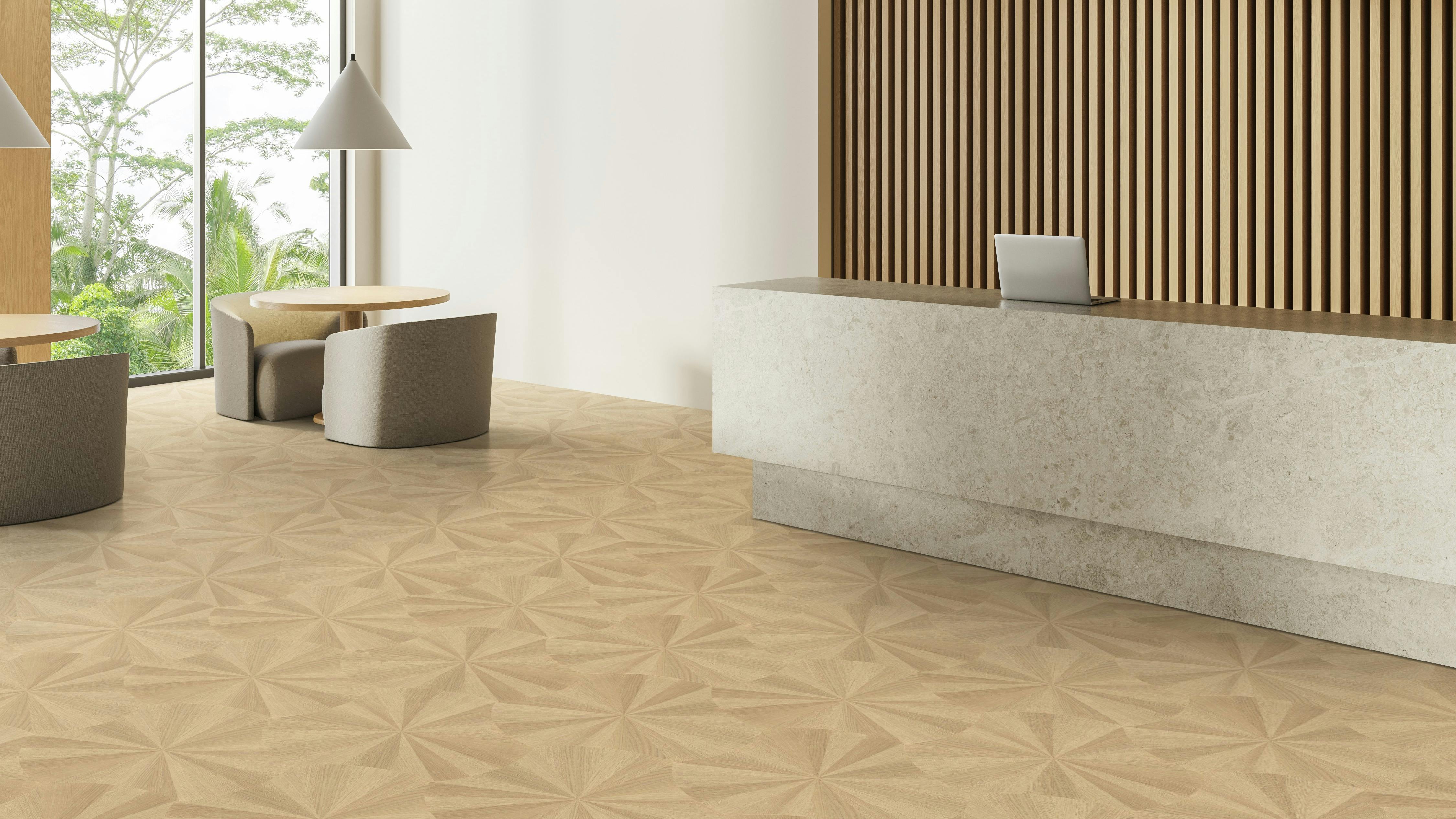Lotus Reserve Geometric LVT features a parquet-inspired wood look.
