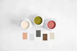 Sherwin-Williams coordinating paint samples and color swatches: Corallite, Offbeat Green, Wild Poppy, Minimalist, Umber Rust, Pewter Green, Moorstone, and Rose Tan Sherwin-Williams coordinating paint samples and color swatches: Corallite, Offbeat Green, Wild Poppy, Minimalist, Umber Rust, Pewter Green, Moorstone, and Rose Tan