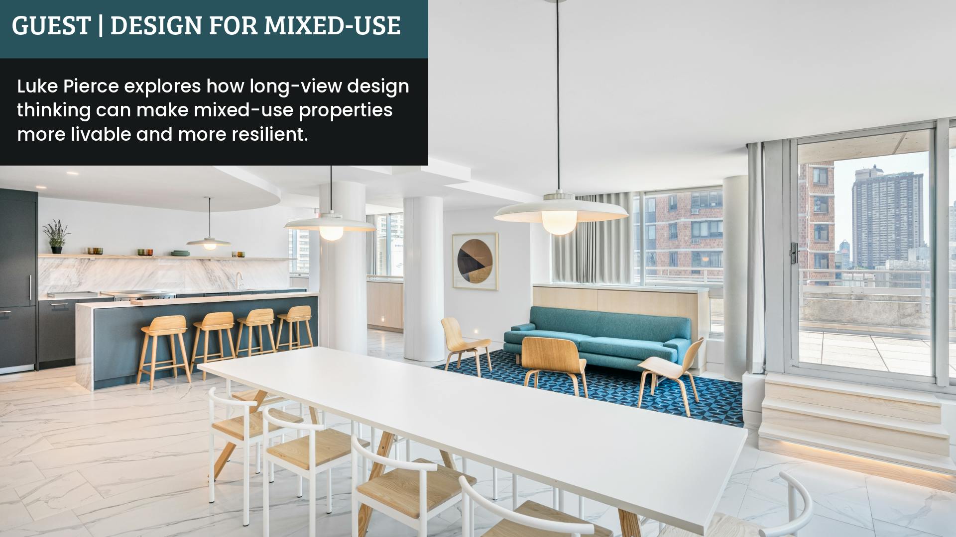 A community kitchen and gathering room adjacent to outdoor recreation space in a mixed-use residential/commercial property