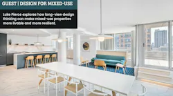 A community kitchen and gathering room adjacent to outdoor recreation space in a mixed-use residential/commercial property