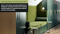 Emerald green cabinetry surrounds a brighter, peridot-hued velvet upholstered bench seat Emerald green cabinetry surrounds a brighter, peridot-hued velvet upholstered bench seat