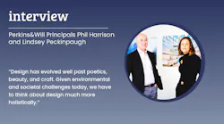 Perkins&Will firm principals Phil Harrison and Lindsey Peckinpaugh stand against a white interior room wall with design project photos in the background