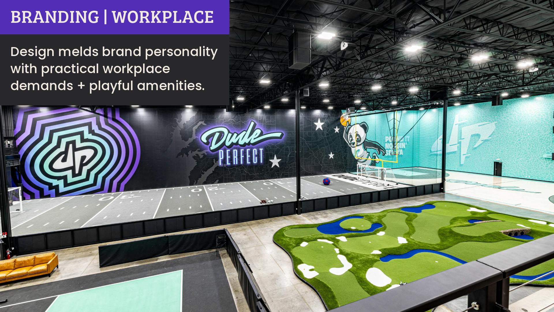 A multiuse sports floor, basketball court, putting green, and seating area are accented by Dude Perfect branding colors in bright aqua and shades of purple, set off by deep charcoal, white, and black accents..