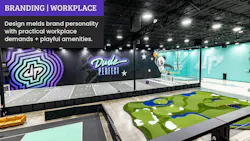 A multiuse sports floor, basketball court, putting green, and seating area are accented by Dude Perfect branding colors in bright aqua and shades of purple, set off by deep charcoal, white, and black accents..