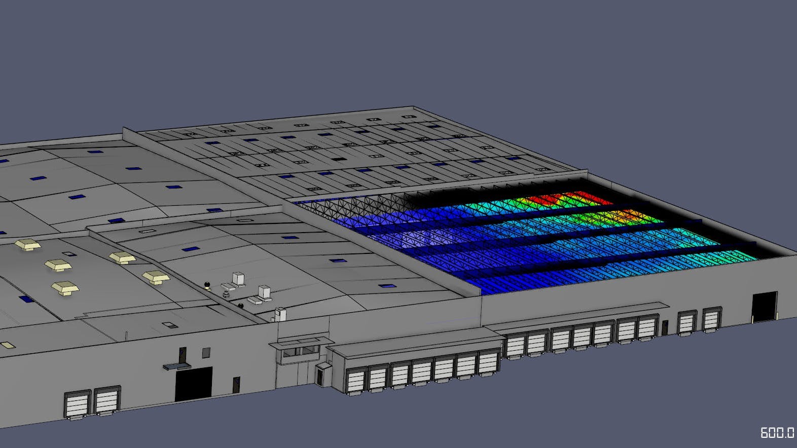 Fire Dynamics Simulation showing temperature distribution near a large warehouse roof structure during a modeled fire scenario. Rendering using Pyrosim.