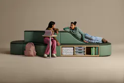 KI Clamber Tiered Seating collection with two girls sitting down on a seat .and S-curve tiered seat.
