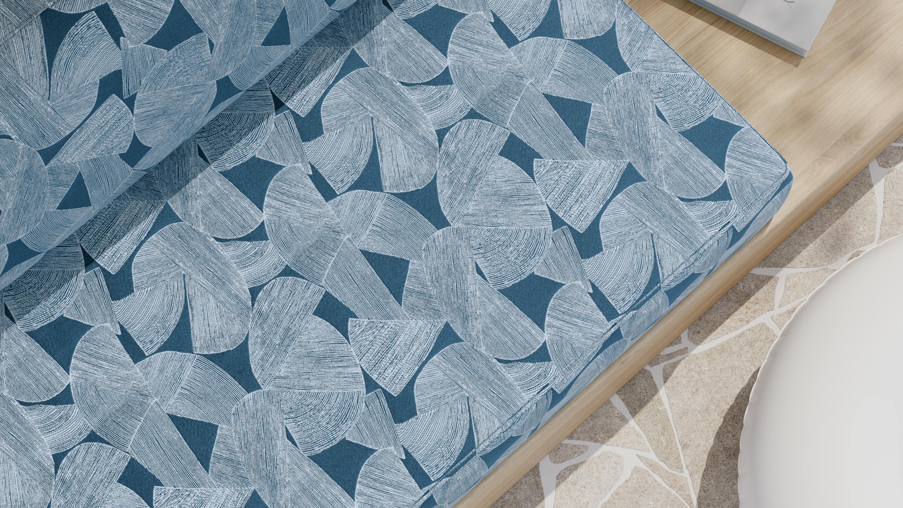 Amble upholstery, shown in River, upholstered on a bench.
