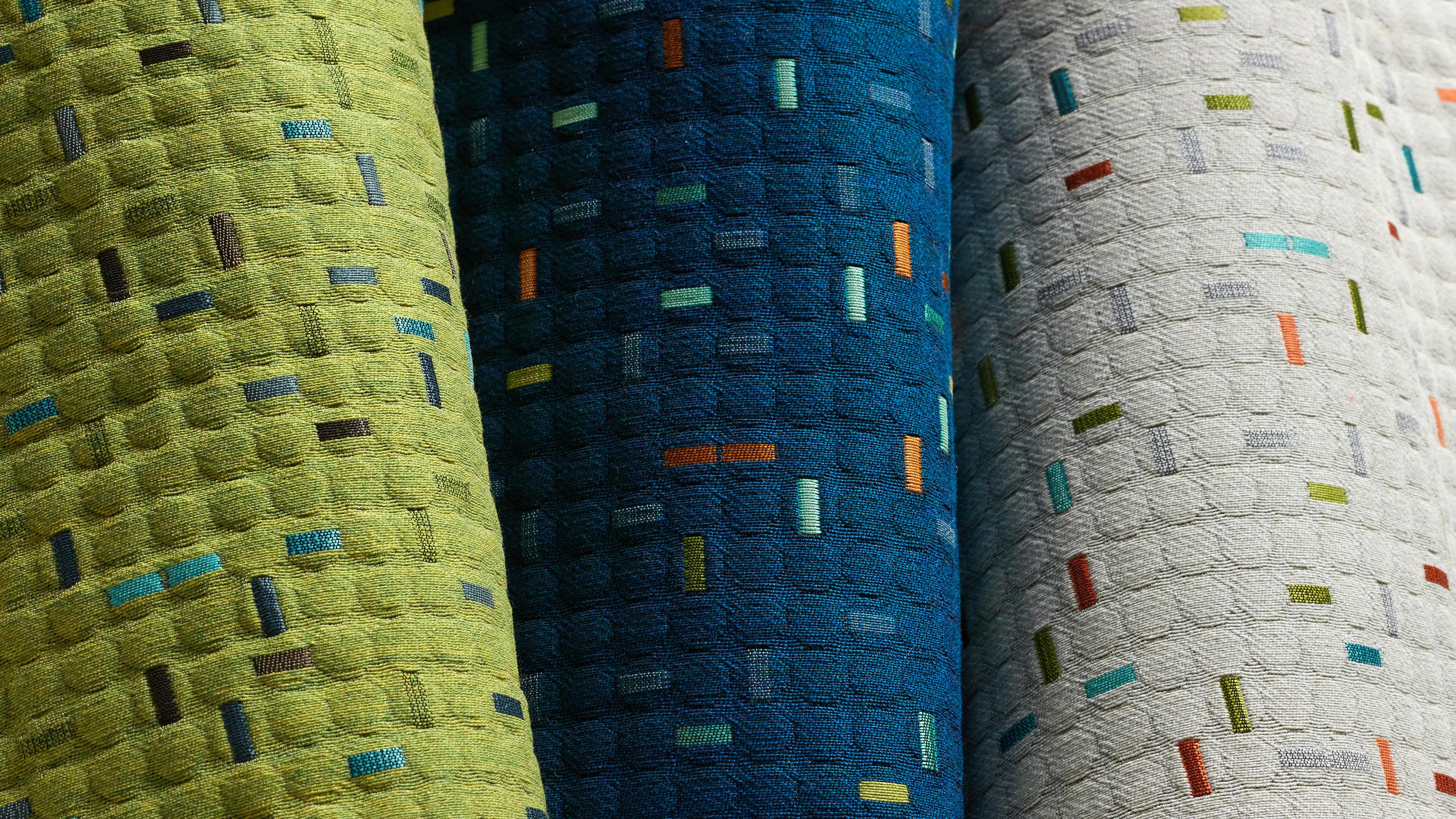 Bubble Wrap shown in three colorways. It is part of part of the Fine Line collection from Stinson.