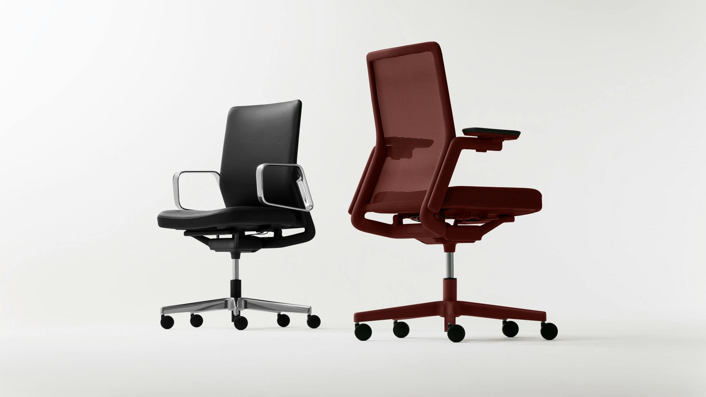 MUKU chairs shown in black and red upholstery options and two arm styles.