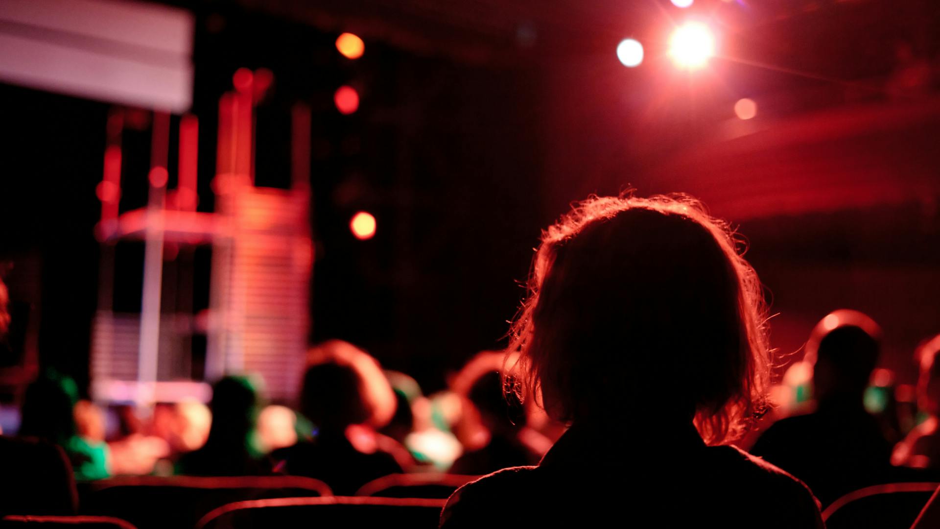 Audience in shadow gazing toward a blurred stage performance in the background