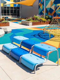 Elevate Tiered Seating creates gathering zones for indoor and outdoor spaces. The seat is shown set up on an outdoor playground.