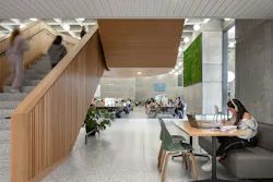 University library features wide circulation paths, multiple group and individual seating areas, and a calm, nature-connected design with outdoor views and light-filled interiors with natural wood tones and neutral stone-look surfaces.