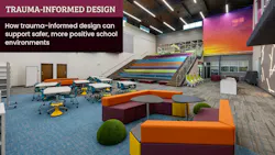 An elementary school library space designed with vivid sunset accent colors, modular furniture, linear lighting, and assembly stairs