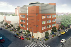 Architectural rendering of modernized public school on a small lot in New York City