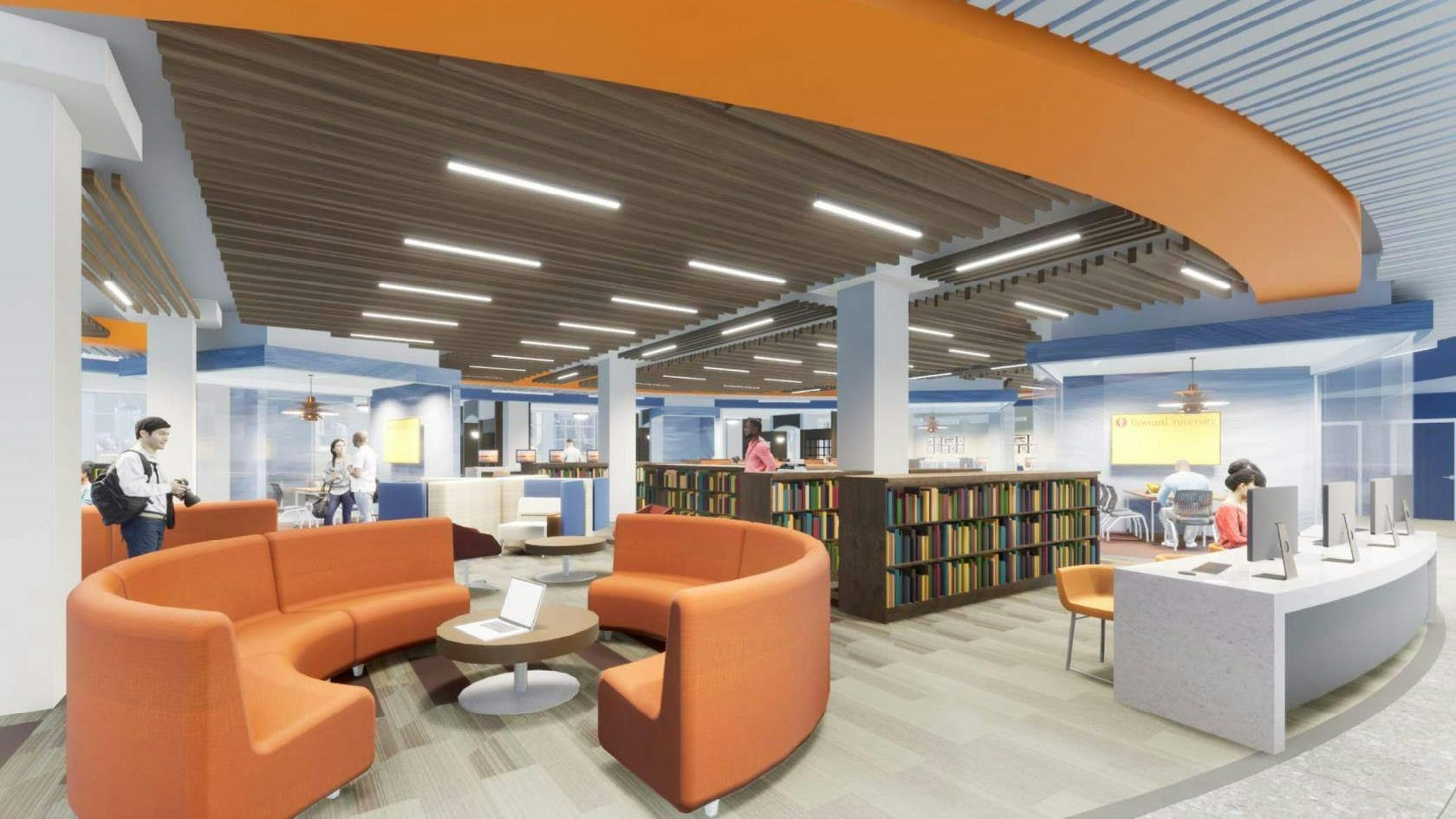 Rendering of curved booth seating area in renovated college library