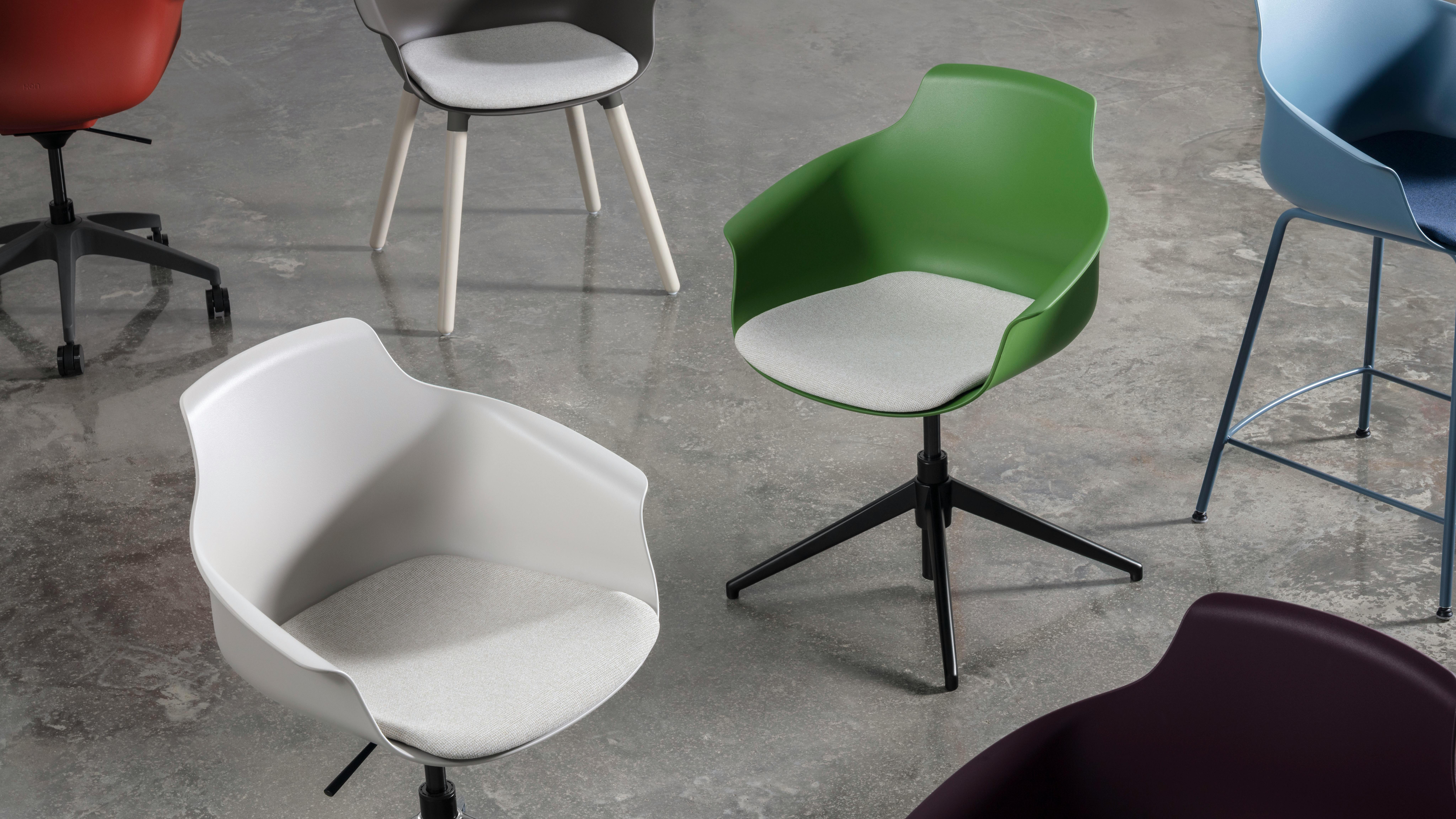 HON Company Brim chairs are displayed in multiple shell colors and upholstery options.