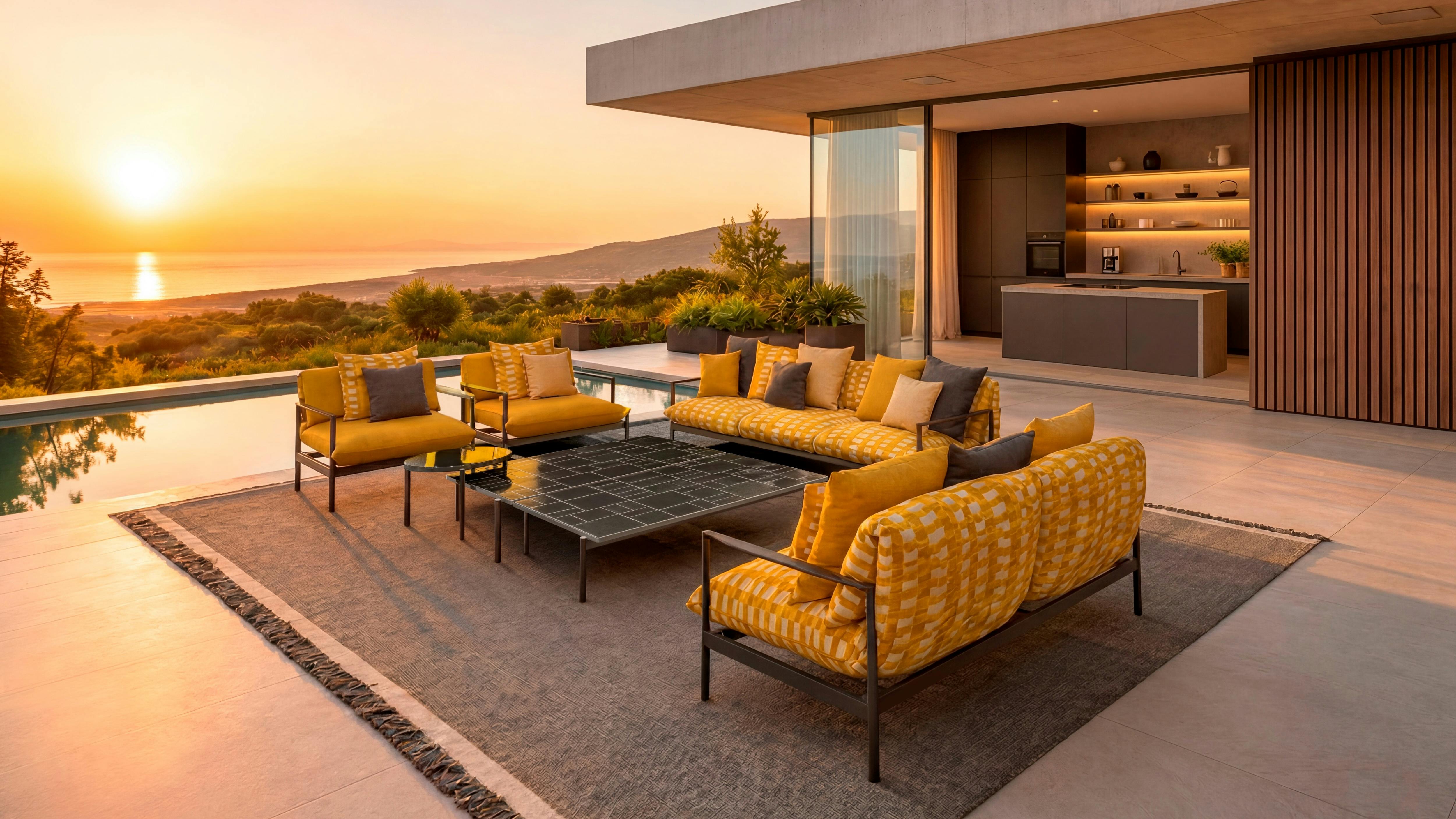 The Nalu collection features a fresh yellow palette across the furniture, rugs, and accessories, as well as ceramic stoneware tabletops. Sofas and tables are set up on an outdoor porch at sunset.