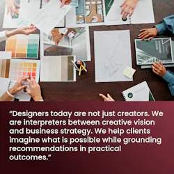 A close-up of work table with interior design materials, sketches, and swatches along with team hands on the table and a design presentation hard copy
