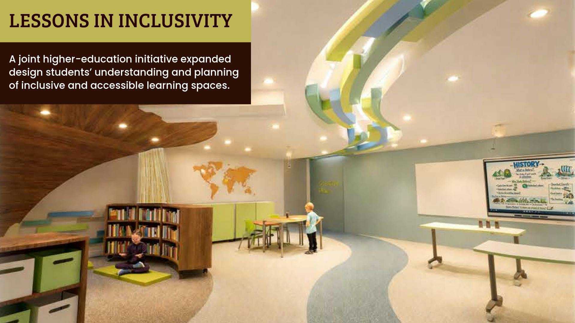 Rendering of inclusive classroom design concept, in a color palette of neutrals and muted blue, green, and yellow, with wide circulation paths and quiet, storage, and active learning zones