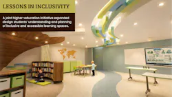 Rendering of inclusive classroom design concept, in a color palette of neutrals and muted blue, green, and yellow, with wide circulation paths and quiet, storage, and active learning zones