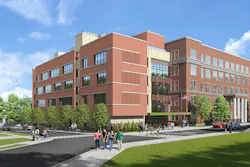 Rendering of public school with a large entryway and circulation path on grade for accessibility