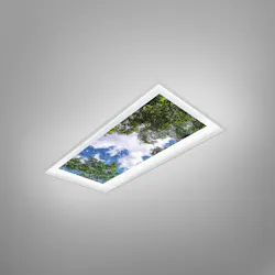 Visa Lighting Serenity Overbed Lights feature trees and clouds for calm healthcare environments.