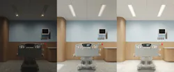 Akeso Healthcare Lighting from Focal Point has three light functions that support patients and clinicians. Shown with ambient, exam, and reading light illumination.