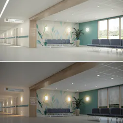MedMaster Flair surface mount luminaire shown in a waiting area during the day and night.