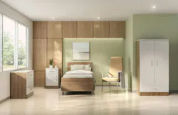 The Camber healthcare casegoods collection provide flexibility for patient rooms. A bedside table, wardrobe, dresser, and bed components are shown.