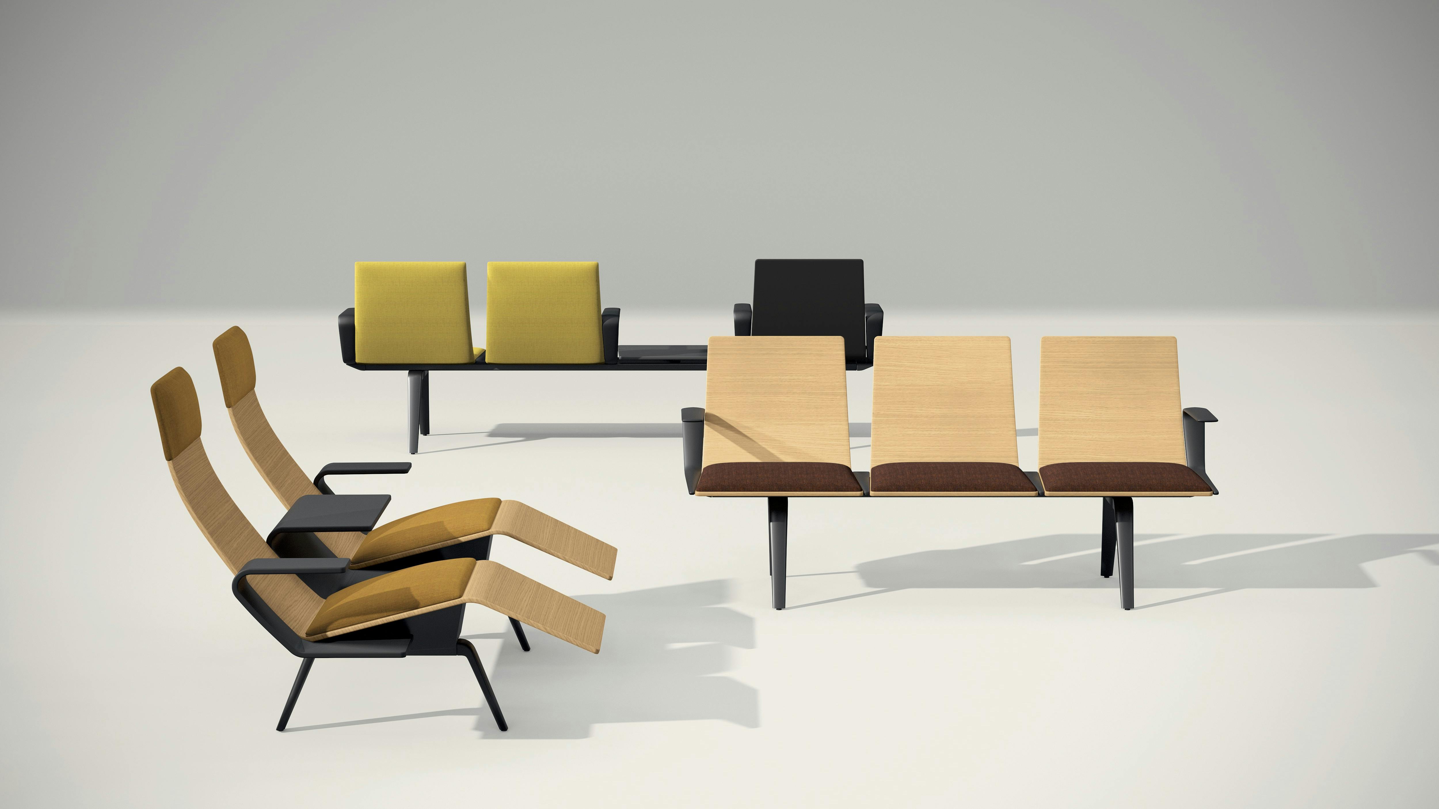 Pausit is a modular seating collection designed for waiting areas. Shown are three different seating configurations with chairs, lounge chairs, and integrated tables.