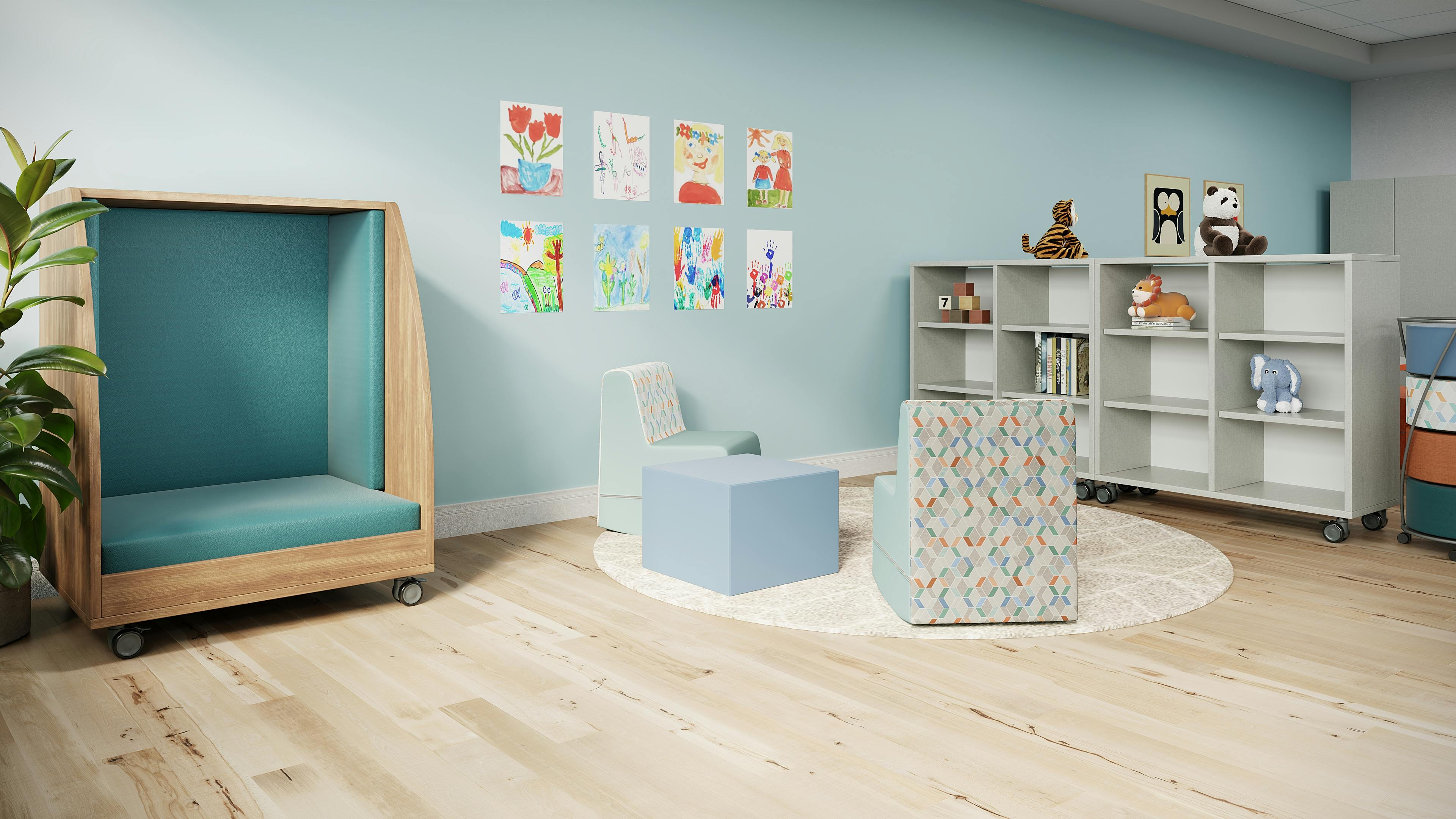 The PeacePod creates a quiet space for students in a preschool classroom.