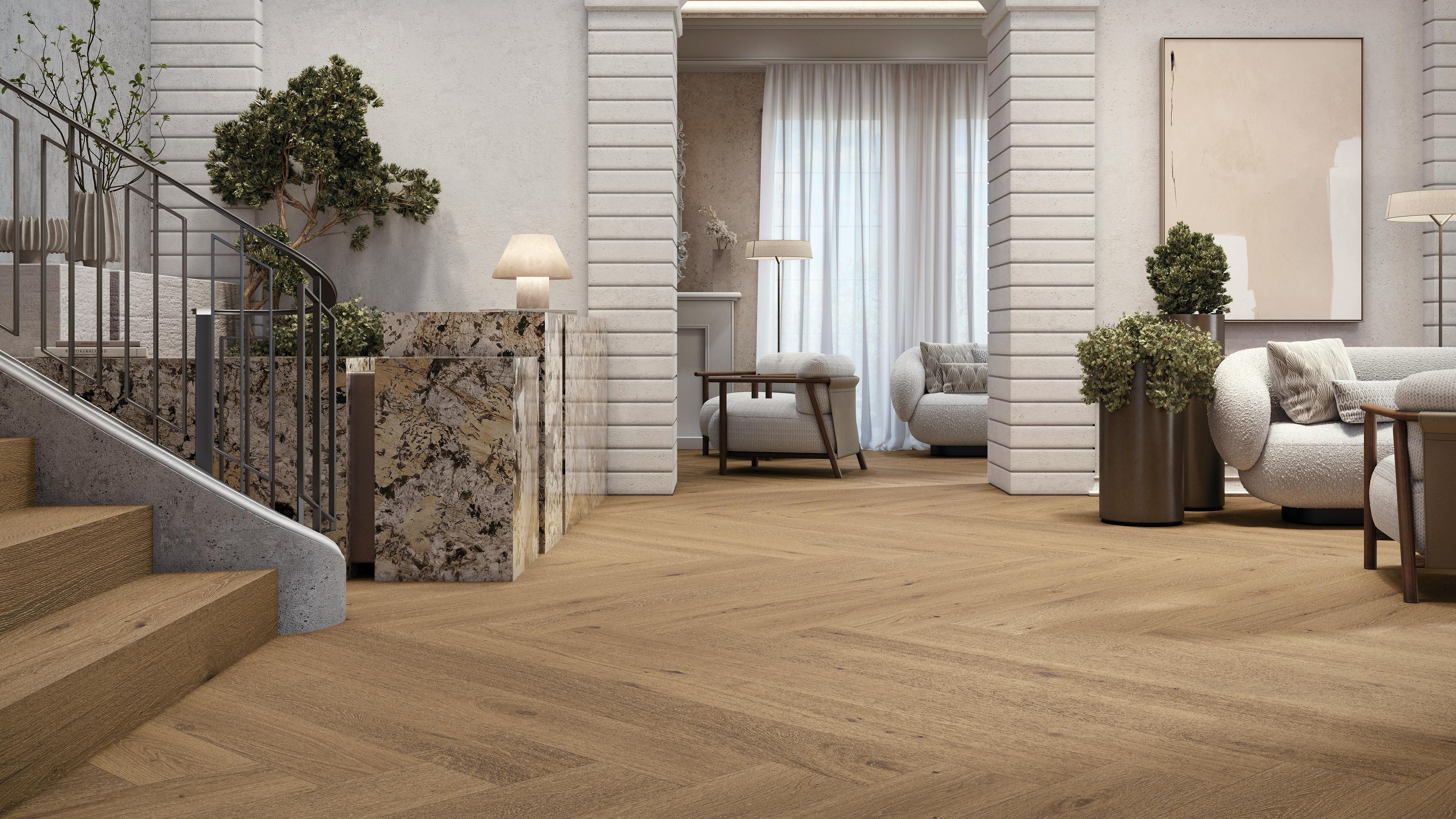 The London Collection features a wood-effect surface, shown in Olivo, that is designed for indoor and outdoor applications.