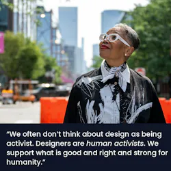 Photo of Cheryl Durst standing in Fulton Market, with quote: We often don’t think about design as being activist. Designers are human activists. We support what is good and right and strong for humanity.