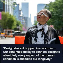 Photo of Cheryl Durst in Fulton Market, with quote: Design doesn’t happen in a vacuum... Our continued ability to connect design to absolutely every aspect of the human condition is critical to our longevity.