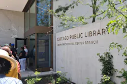 Exterior Chicago Public Library Obama Presidential Center Branch signage near building entrance