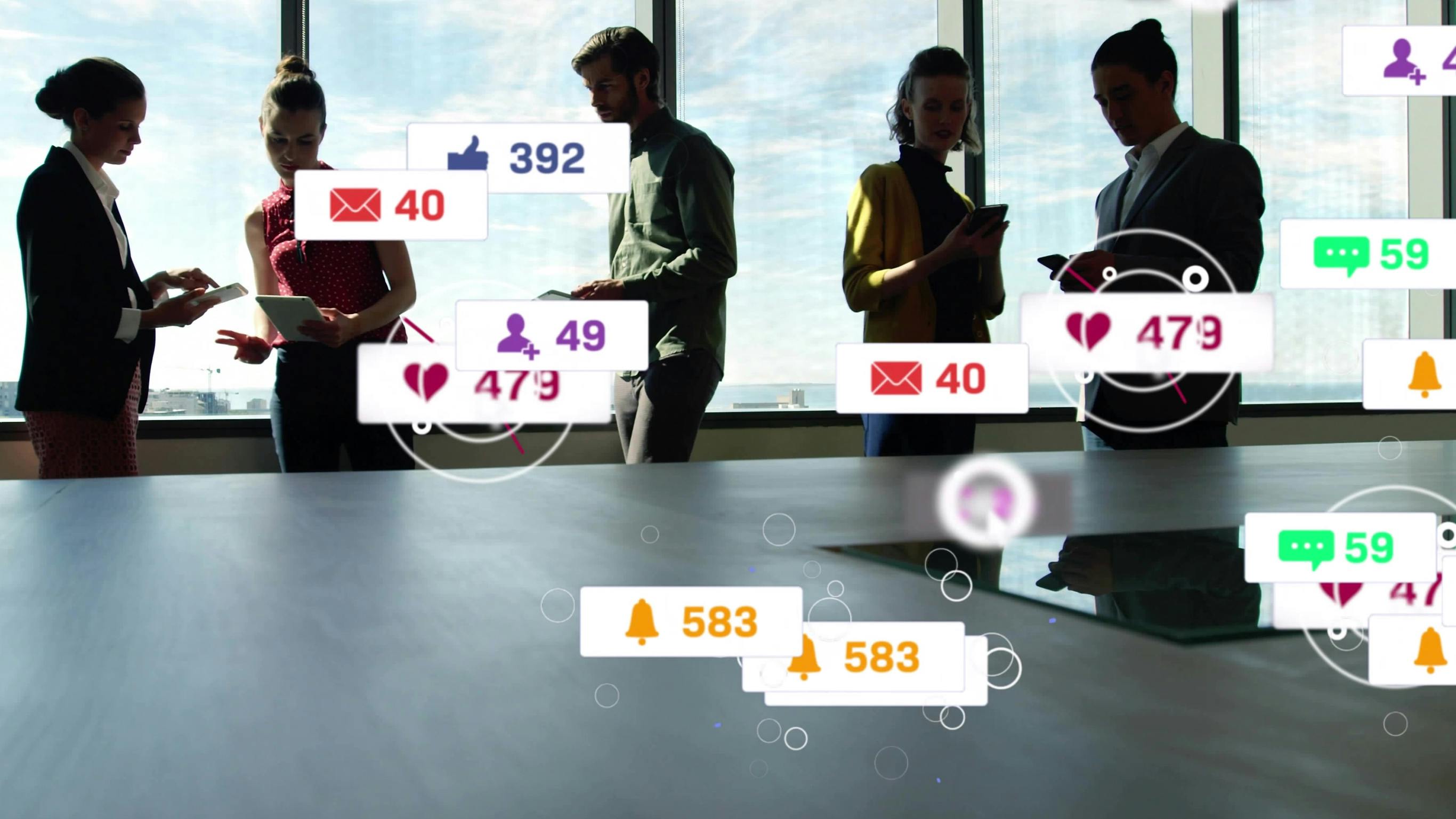 Business people on mobile phones liking sharing commenting