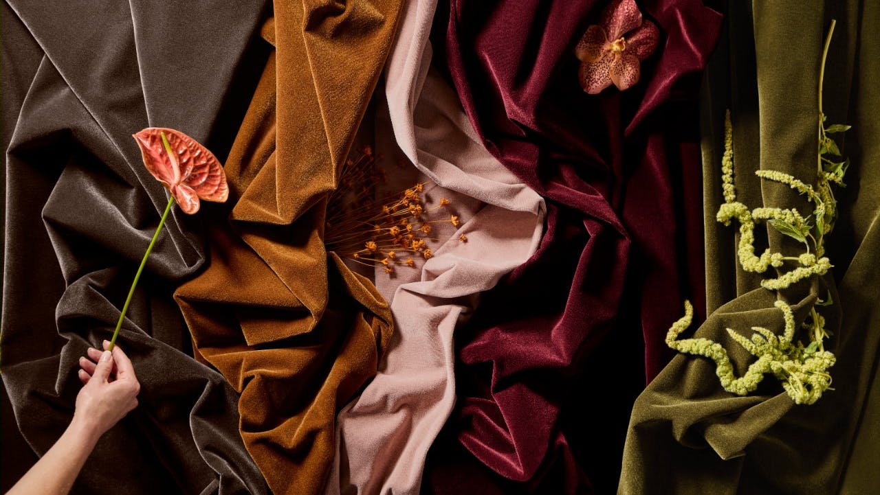 Haworth's Wanderlust velvets in colorways ranging a charcoal gray to deep green.