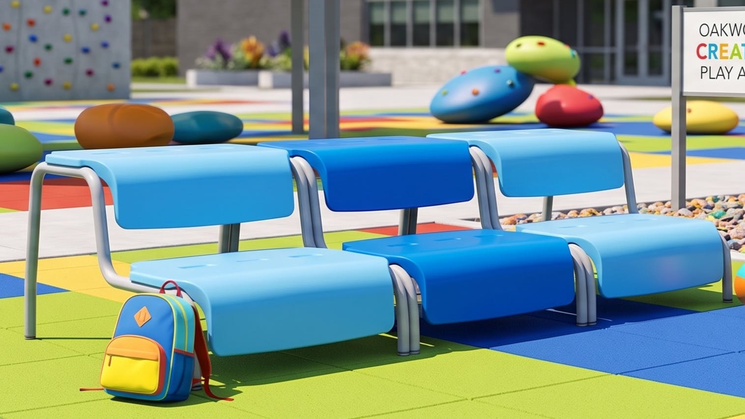 The Elevate Tiered Seating provides durable seating indoors and outdoors. Shown installed on a playground.