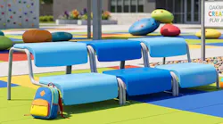 The Elevate Tiered Seating provides durable seating indoors and outdoors. Shown installed on a playground.