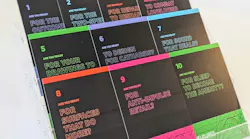 Ten colorful cards with thought-provoking questions about the future on acrylic display case.
