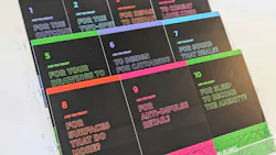Ten colorful cards with thought-provoking questions about the future on acrylic display case.