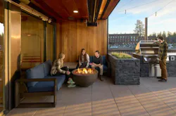 An expansive patio with a cozy firepit, sunshade, and grill access can entice Terava residents to enjoy the outdoors and find new opportunities for social connection.