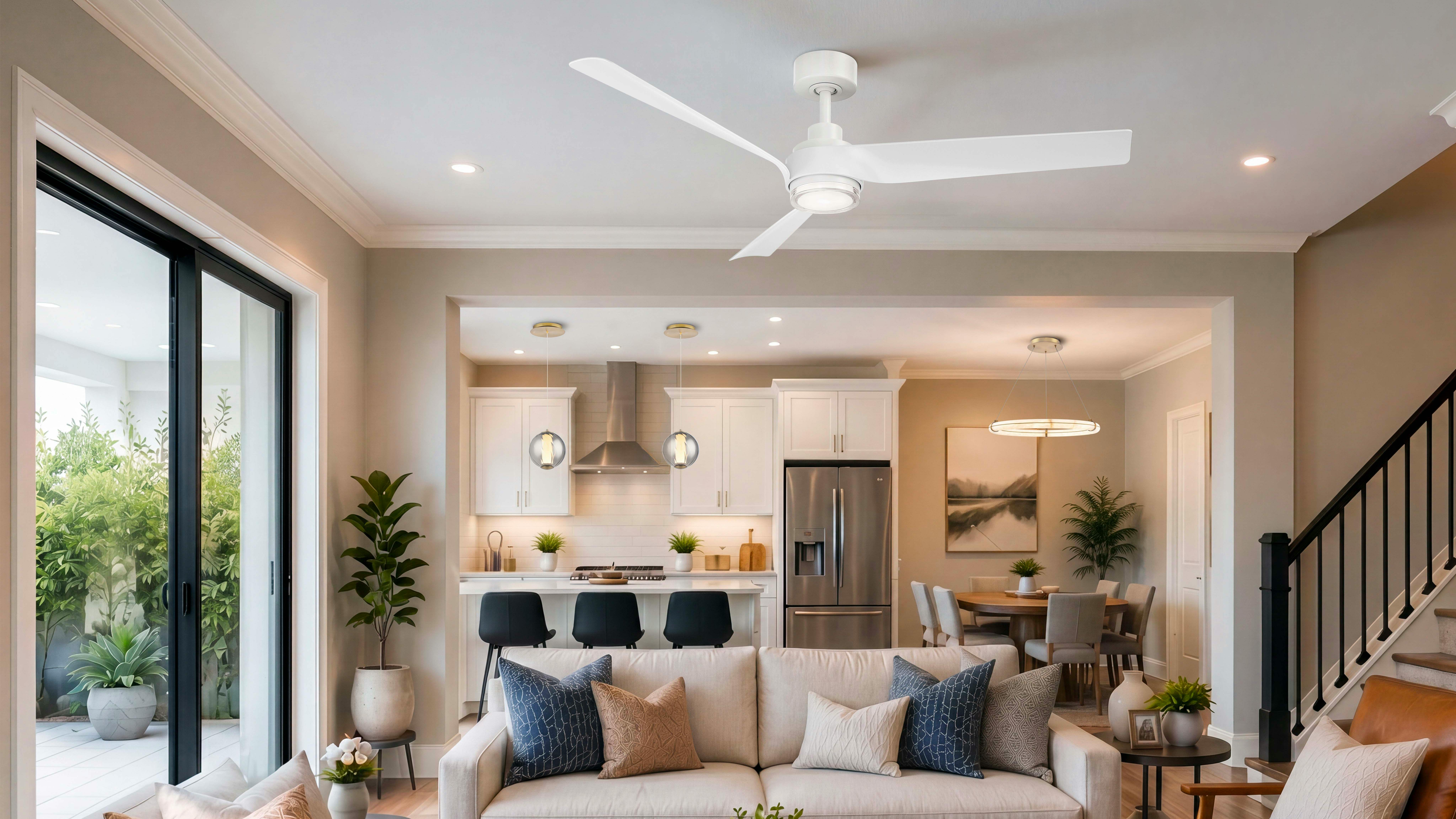The Chill Smart Fan supports indoor and outdoor applications. The fan is installed above a living room.