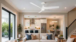 The Chill Smart Fan supports indoor and outdoor applications. The fan is installed above a living room.