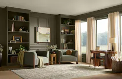 A classic individual office space features built-in shelving in Behr's earthy olive/brown Grounded