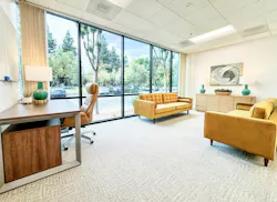 Gold velvet upholstered couches face each other, with a desk placed against the far office wall, facing away from the seating area