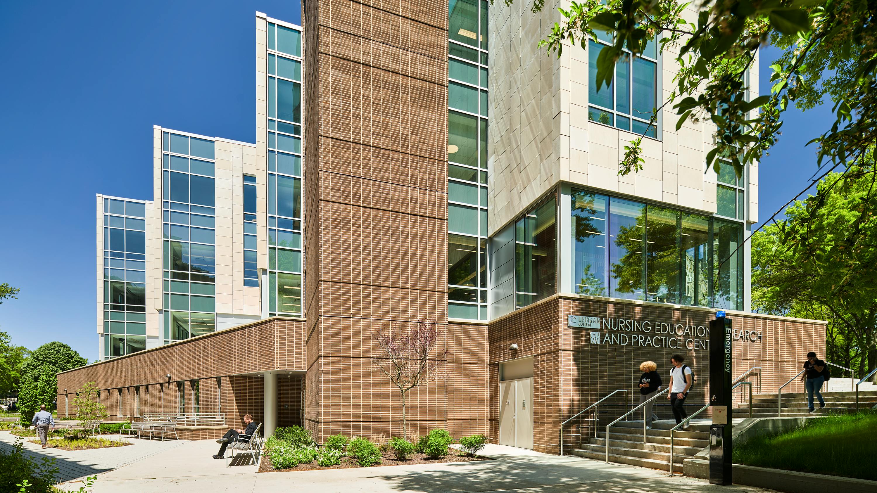 Lehman College nursing school building exterior view of rear entrance at basement level